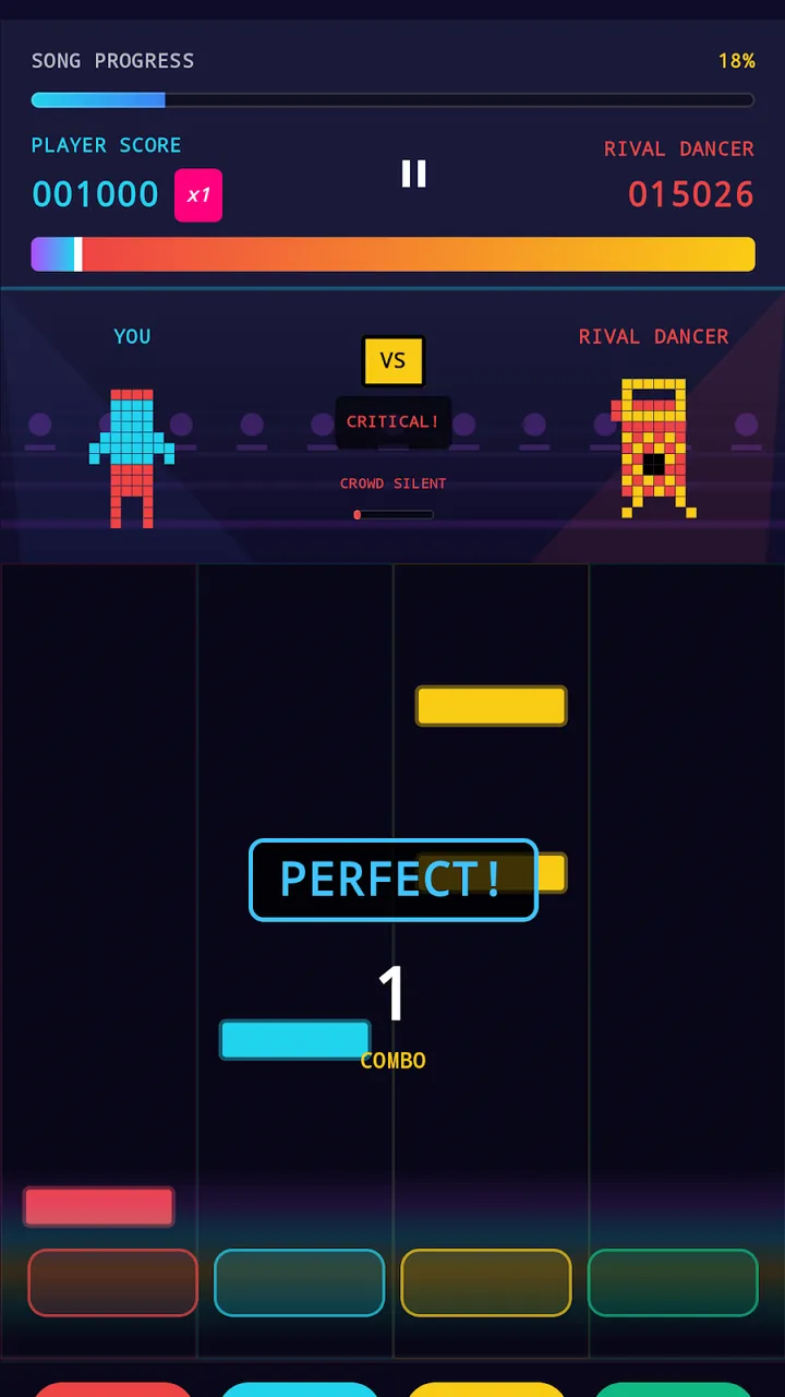 A “Perfect!” hit during a rhythm battle against a rival dancer