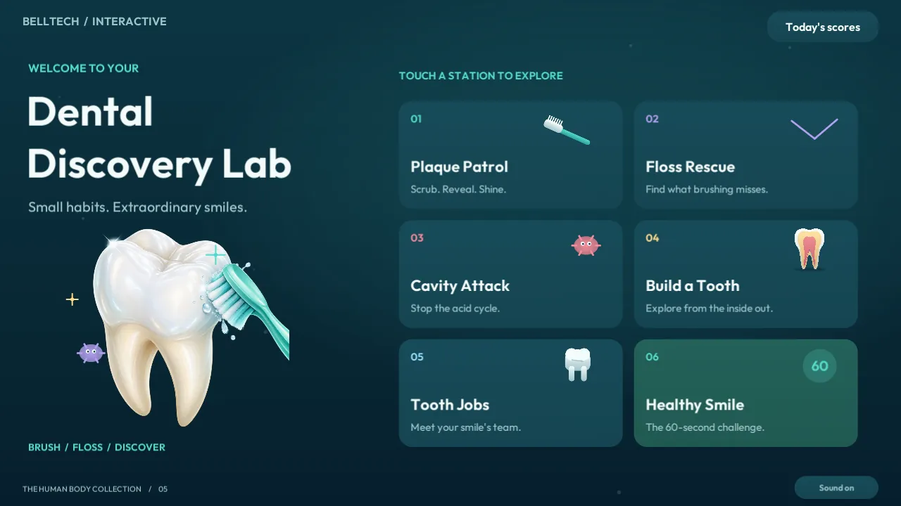 Dental Discovery Lab home screen with six activity stations