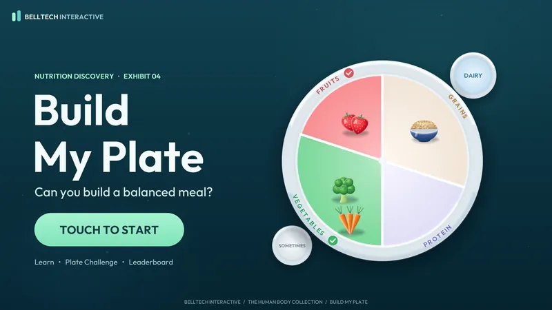 Build My Plate attract screen: a large illustrated plate divided into fruits, vegetables, grains and protein