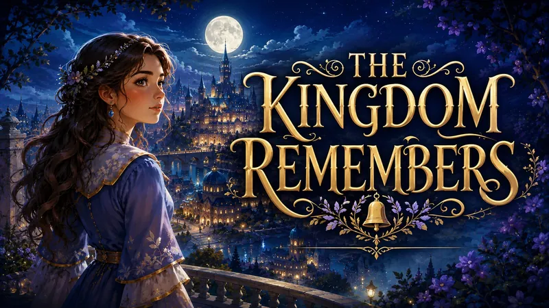 The Kingdom Remembers key art: Elowen on a moonlit balcony beside the gold title lettering
