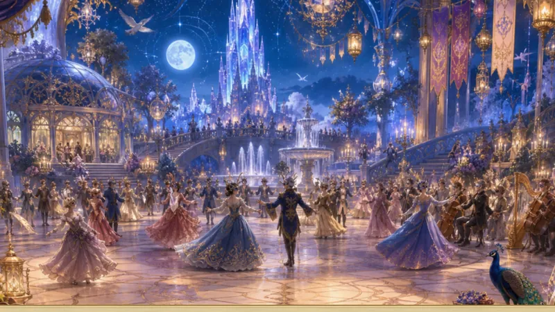 Dancers in gowns at the Grand Masquerade beneath a crystal castle