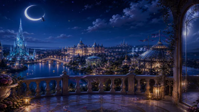 A moonlit fantasy kingdom seen from a palace balcony