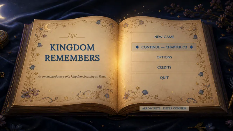The game's title menu presented as an open storybook