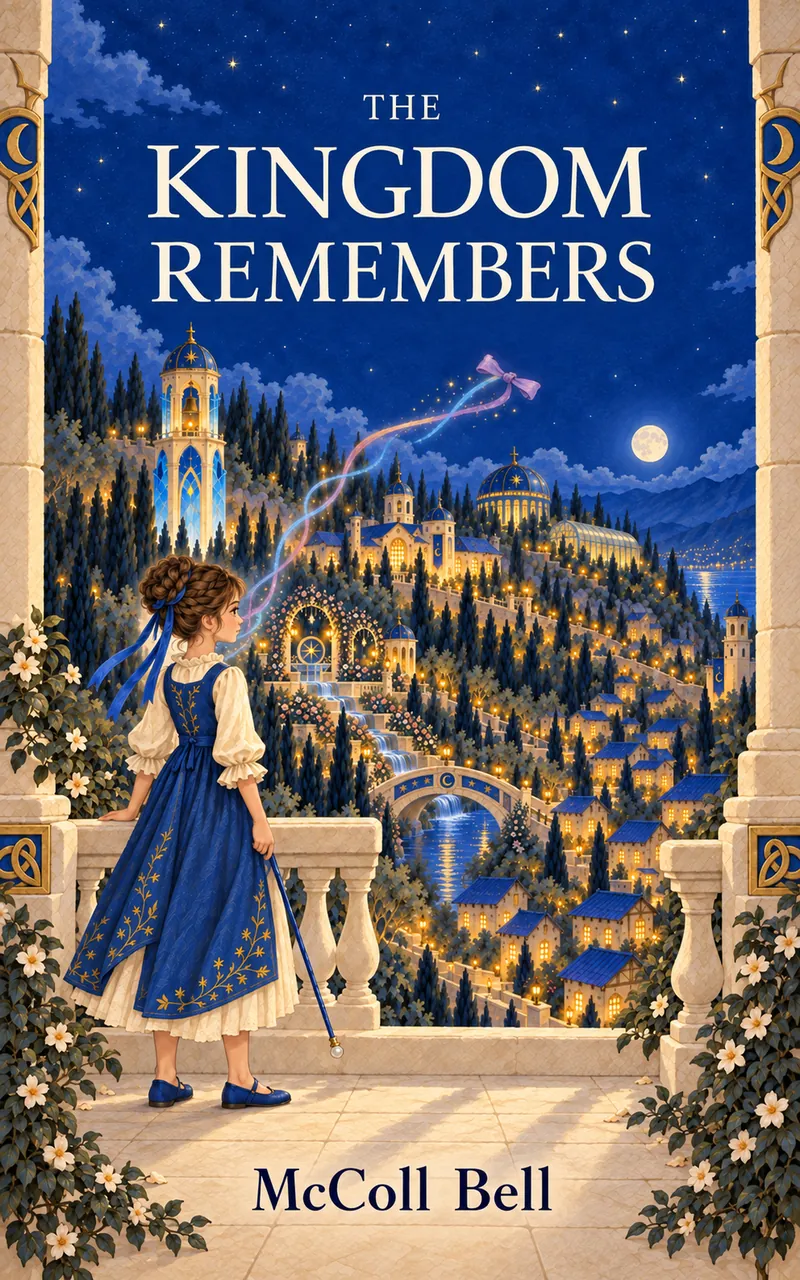 Storybook cover: Elowen on a moonlit balcony overlooking the lantern-lit kingdom