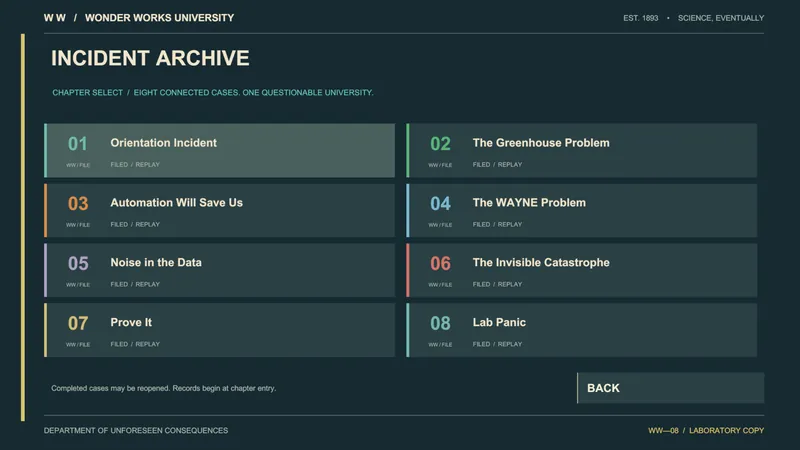 The Incident Archive chapter select listing eight connected cases, from Orientation Incident to Lab Panic