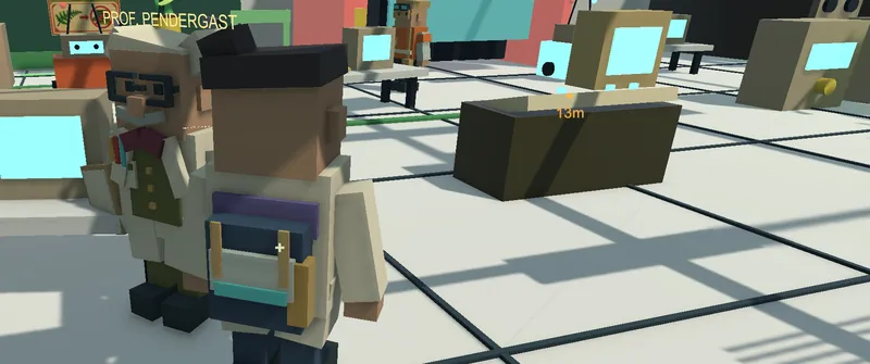 Gameplay: the player's researcher beside Professor Pendergast in a blocky, colourful campus lab