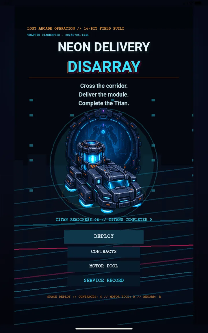 Neon Delivery: Disarray title screen with the armored carrier