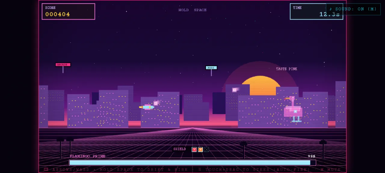 Drifting over a synthwave city at sunset