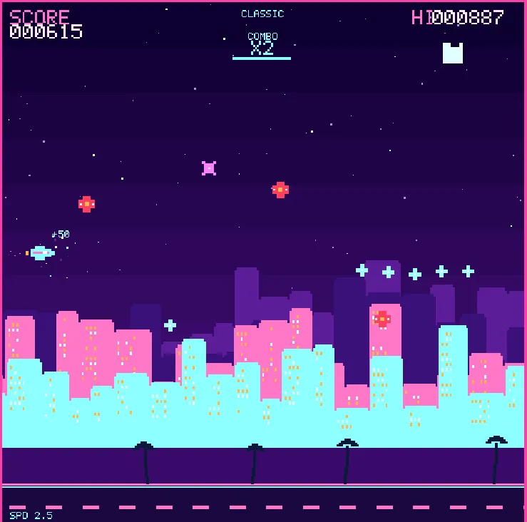 A Classic run over a pink and cyan pixel skyline