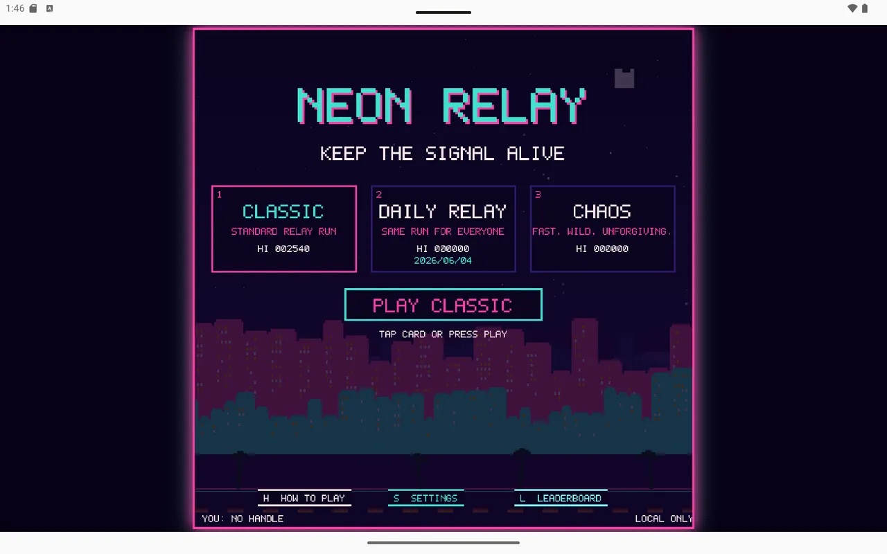 The mode select screen: Classic, Daily Relay, and Chaos