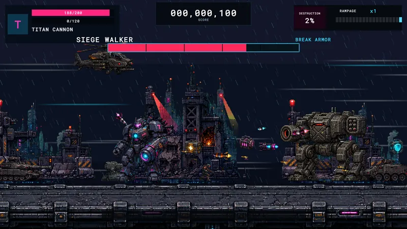 The Titan mech facing the Siege Walker boss