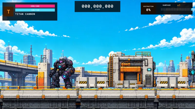 Pixel-art daytime cityscape stage with elevated highways