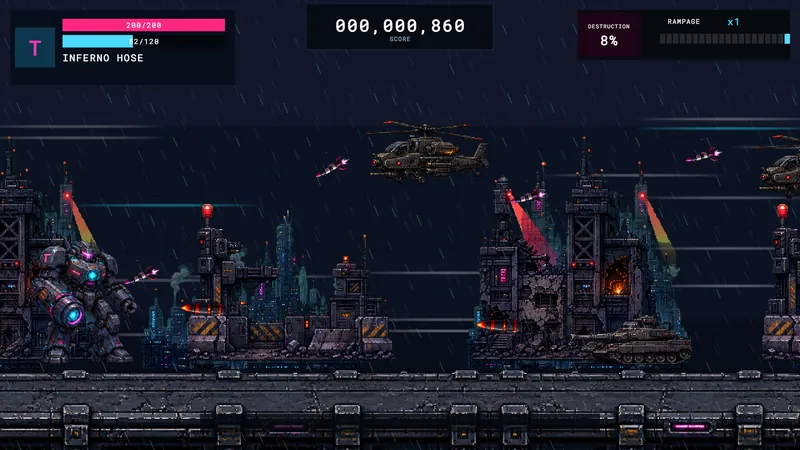 Side-scrolling combat in a rain-soaked neon industrial district