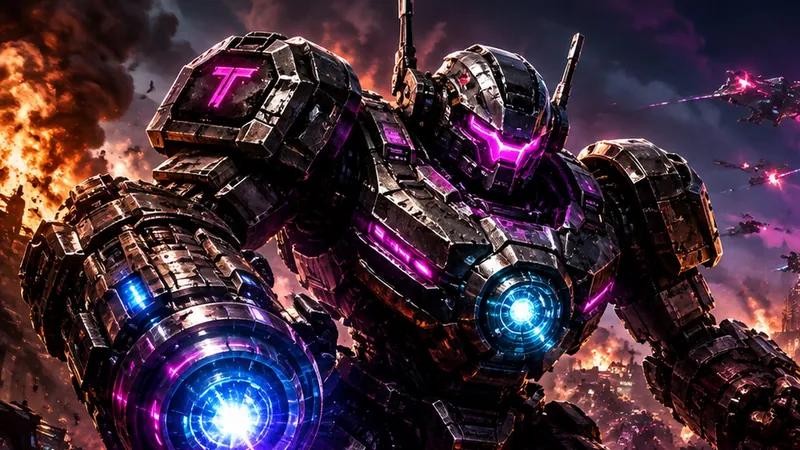 NEON WRECKAGE key art: a heavily armored purple and chrome mech charging its arm cannon amid fire