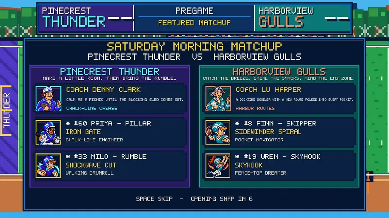 The pregame matchup card introducing coaches and featured players with pixel-art portraits