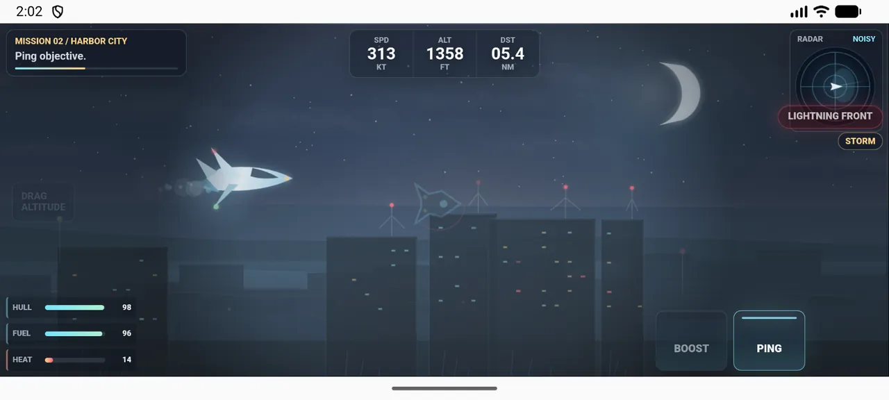 A rescue jet flying at night past a moonlit city