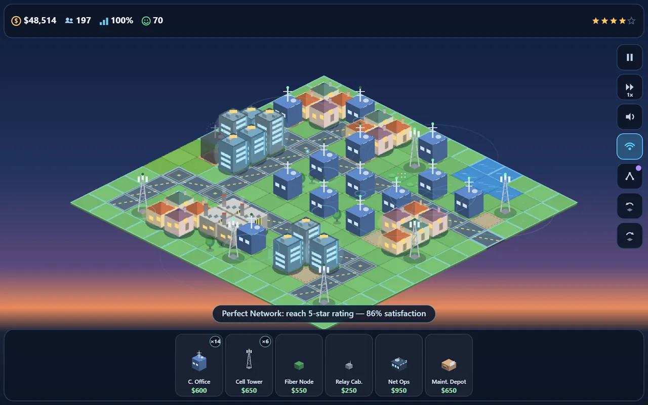 An isometric city with network towers connecting every district