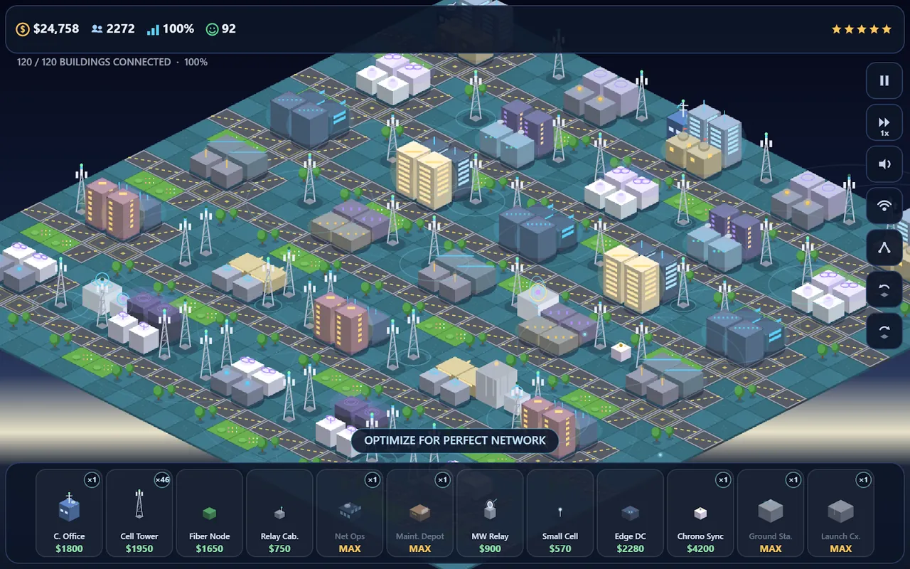 A dense, fully networked city at dusk