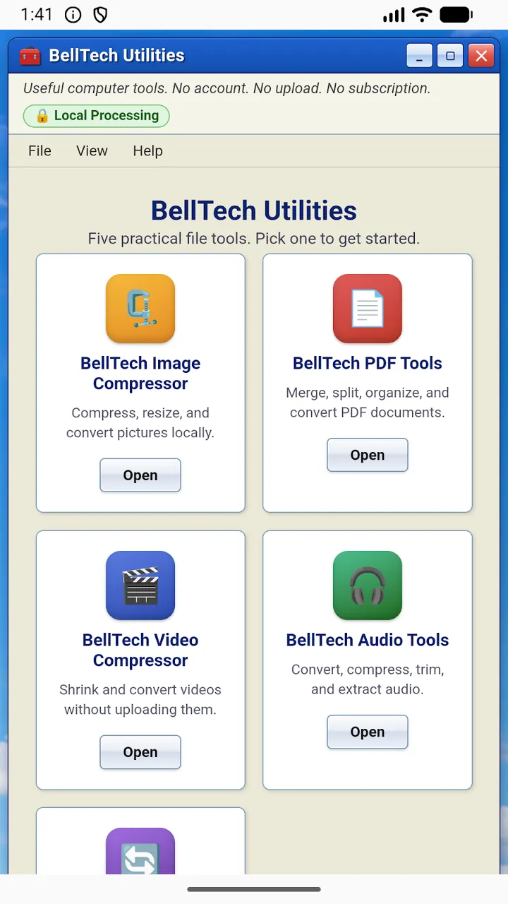 The BellTech Utilities hub on Android